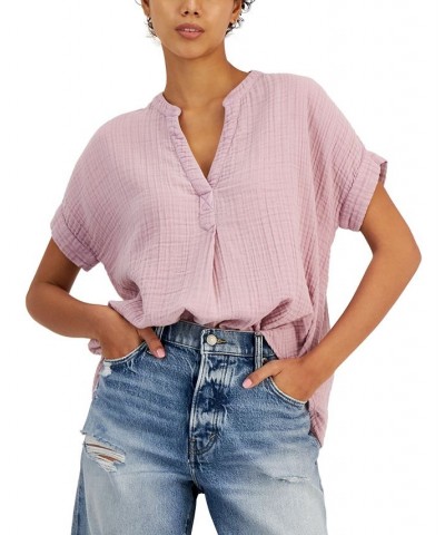 Women's Short-Sleeved Cotton Popover Shirt Dawn Pink $40.28 Tops