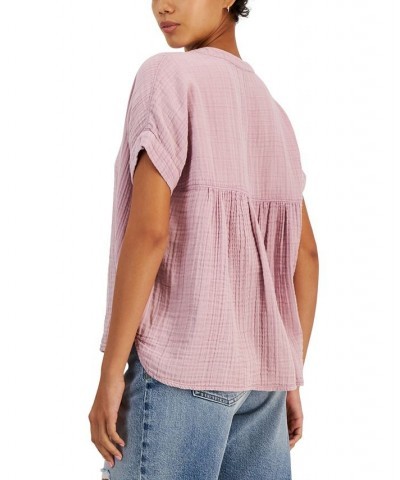 Women's Short-Sleeved Cotton Popover Shirt Dawn Pink $40.28 Tops