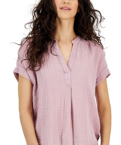 Women's Short-Sleeved Cotton Popover Shirt Dawn Pink $40.28 Tops