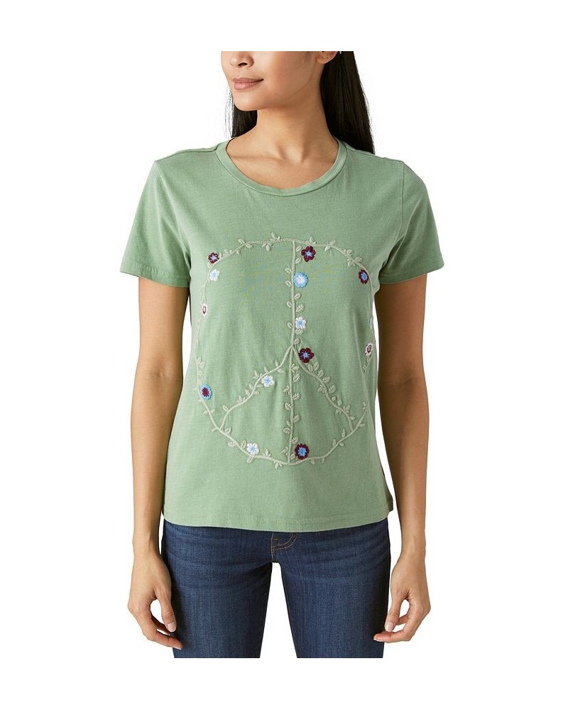 Women's Cotton Embroidered Peace Sign T-Shirt Kashmir $22.77 Tops