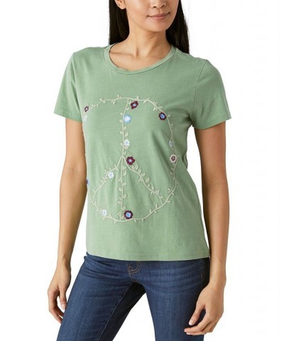 Women's Cotton Embroidered Peace Sign T-Shirt Kashmir $22.77 Tops