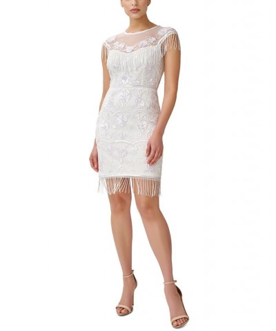 Women's Embellished Beaded Fringe Sheath Dress Ivory $109.82 Dresses