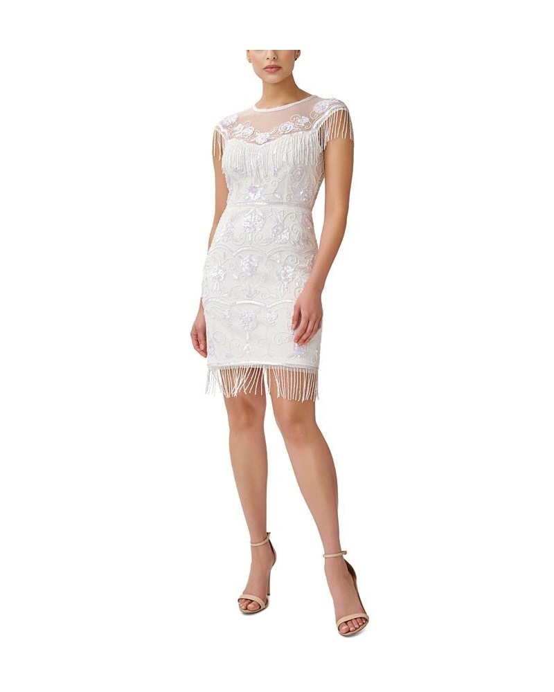 Women's Embellished Beaded Fringe Sheath Dress Ivory $109.82 Dresses