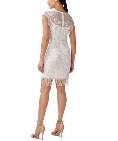 Women's Embellished Beaded Fringe Sheath Dress Ivory $109.82 Dresses