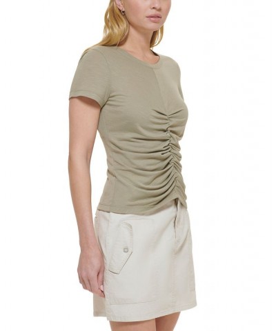 Women's Crewneck Short-Sleeve Ruched T-Shirt Green $24.52 Tops