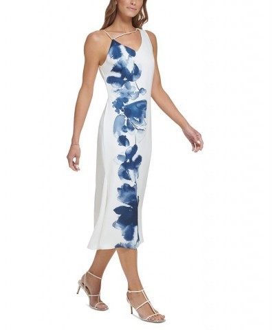 Women's Floral-Border V-Neck Midi Dress Ivory/Navy $43.20 Dresses