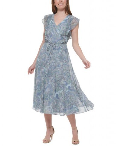 Women's Floral-Print Fit & Flare Dress Blue/eucalyptus $34.76 Dresses