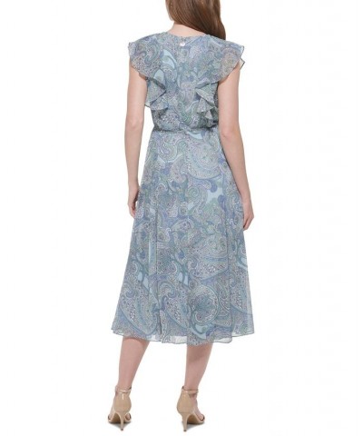 Women's Floral-Print Fit & Flare Dress Blue/eucalyptus $34.76 Dresses