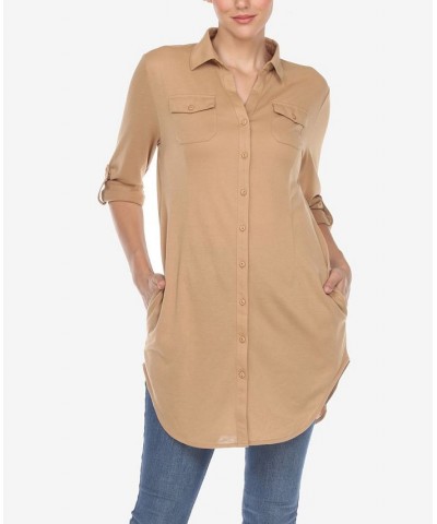 Women's Stretchy Button-Down Tunic Top Camel $14.76 Tops