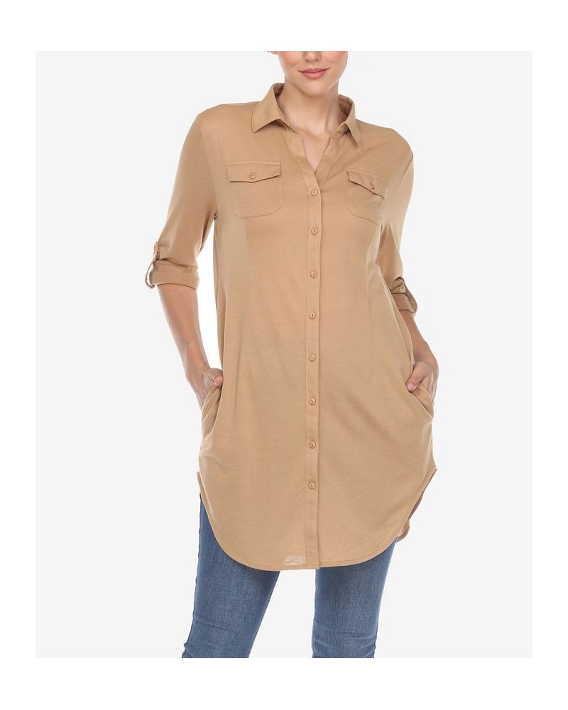 Women's Stretchy Button-Down Tunic Top Camel $14.76 Tops