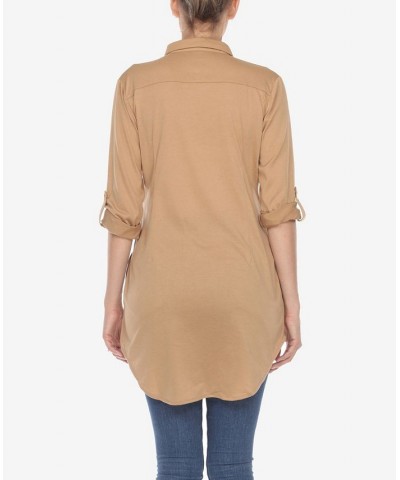 Women's Stretchy Button-Down Tunic Top Camel $14.76 Tops