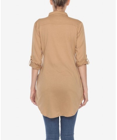 Women's Stretchy Button-Down Tunic Top Camel $14.76 Tops