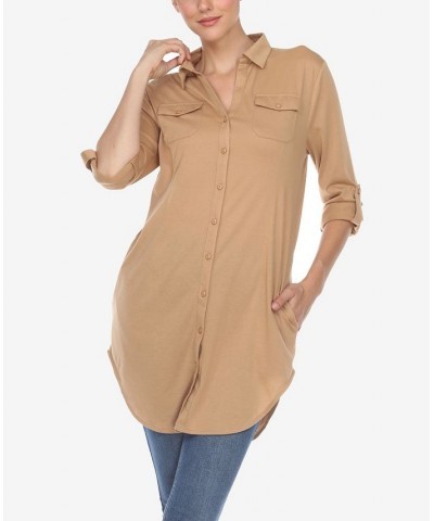 Women's Stretchy Button-Down Tunic Top Camel $14.76 Tops