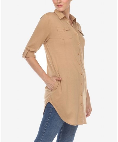 Women's Stretchy Button-Down Tunic Top Camel $14.76 Tops