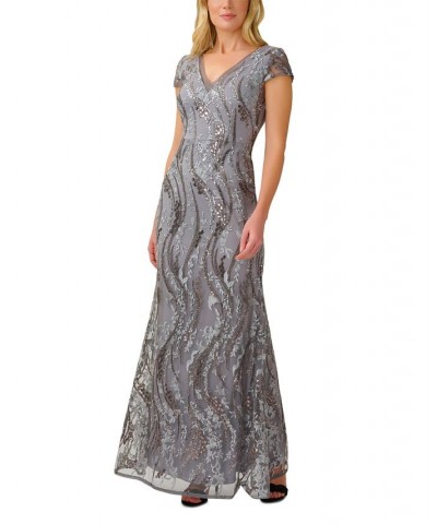 Women's Sequined Embroidered Gown Silver Multi $62.58 Dresses