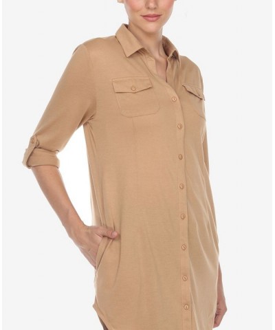 Women's Stretchy Button-Down Tunic Top Camel $14.76 Tops