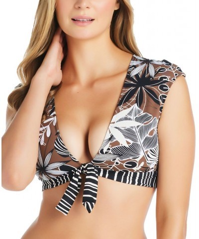 Women's Bold Moves Tie-Front Cap-Sleeve Crop Bikini Top Mahogany $47.50 Swimsuits