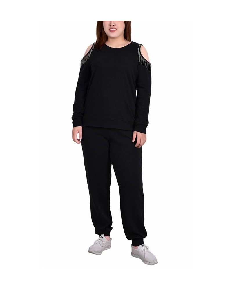 Plus Size Long Sleeve Cold Shoulder Jogger Set Black $18.42 Outfits