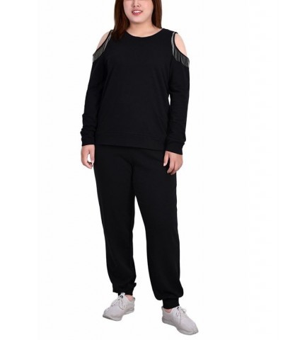 Plus Size Long Sleeve Cold Shoulder Jogger Set Black $18.42 Outfits