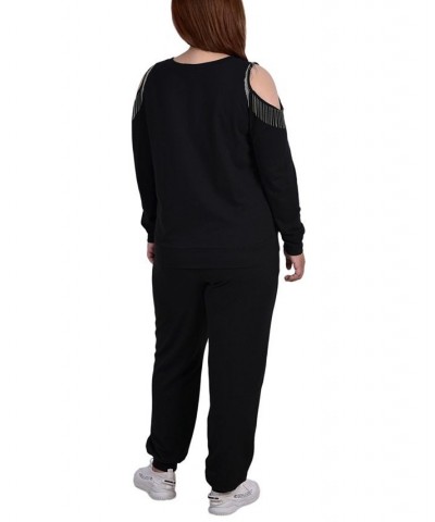 Plus Size Long Sleeve Cold Shoulder Jogger Set Black $18.42 Outfits