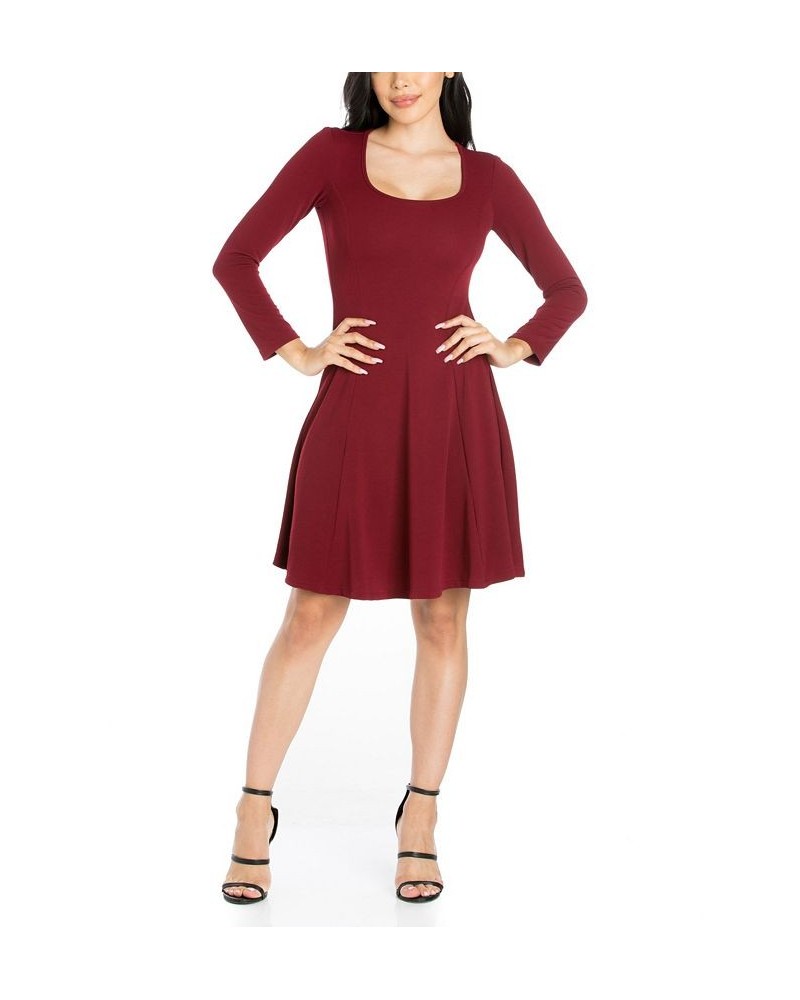 Women's Simple Long Sleeve Knee Length Flared Dress Burgundy $18.00 Dresses