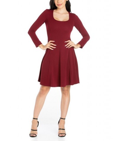 Women's Simple Long Sleeve Knee Length Flared Dress Burgundy $18.00 Dresses