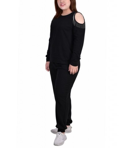 Plus Size Long Sleeve Cold Shoulder Jogger Set Black $18.42 Outfits