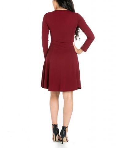 Women's Simple Long Sleeve Knee Length Flared Dress Burgundy $18.00 Dresses