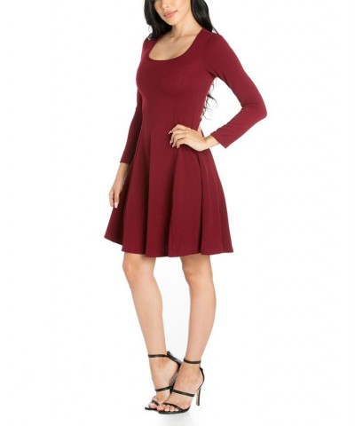 Women's Simple Long Sleeve Knee Length Flared Dress Burgundy $18.00 Dresses