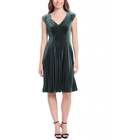 Women's V-Neck Fit & Flare Velvet Dress Green $59.50 Dresses