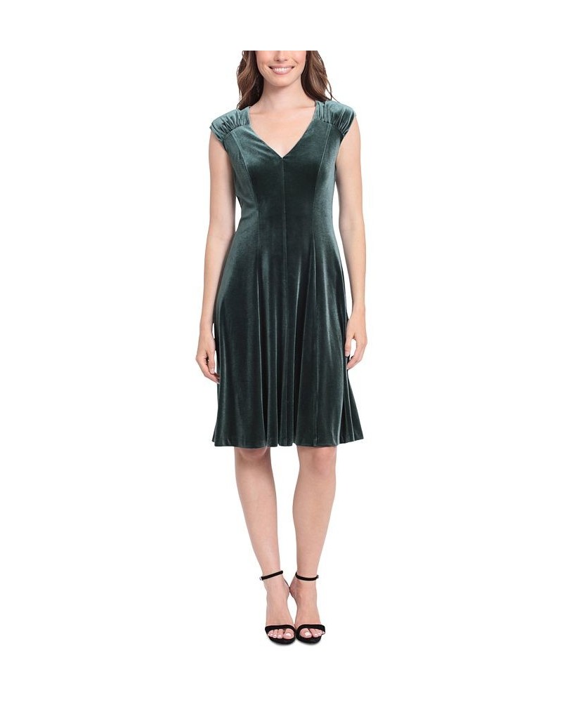 Women's V-Neck Fit & Flare Velvet Dress Green $59.50 Dresses