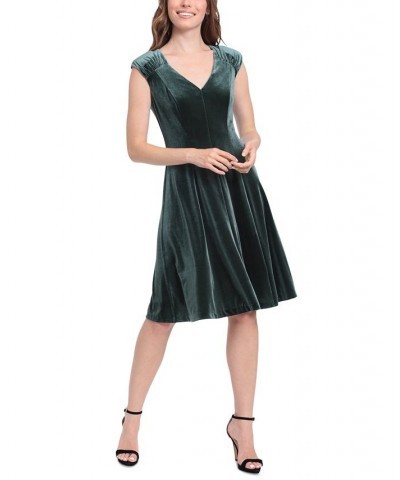 Women's V-Neck Fit & Flare Velvet Dress Green $59.50 Dresses