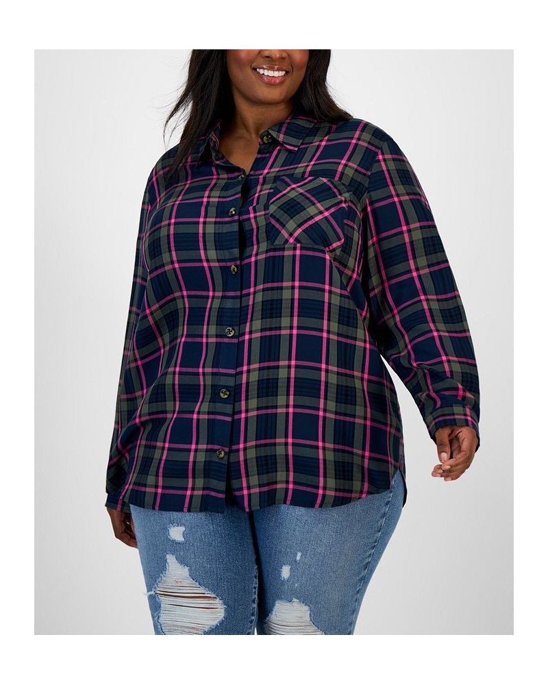 Plus Size Plaid Button-Down Top NAVY GREEN $14.17 Tops