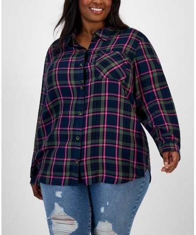 Plus Size Plaid Button-Down Top NAVY GREEN $14.17 Tops