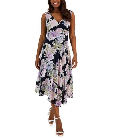 Women's Floral-Print Handkerchief-Hem Midi Dress Navy $24.01 Dresses