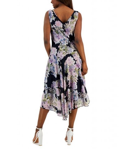 Women's Floral-Print Handkerchief-Hem Midi Dress Navy $24.01 Dresses