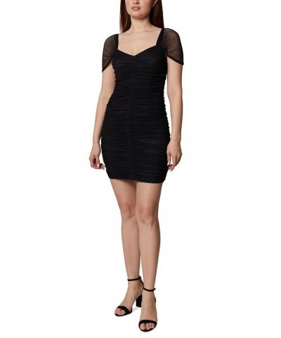 Women's Ruched Sheer-Sleeve Mini Dress Black $52.48 Dresses