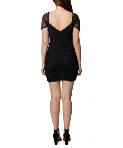 Women's Ruched Sheer-Sleeve Mini Dress Black $52.48 Dresses