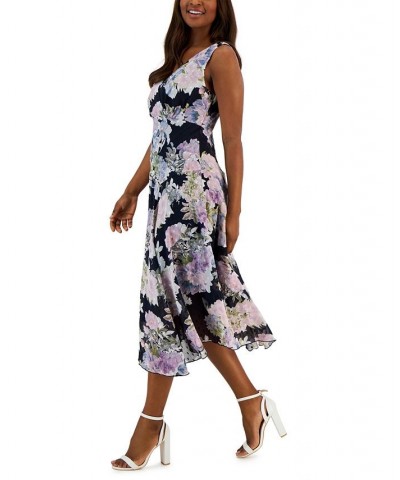 Women's Floral-Print Handkerchief-Hem Midi Dress Navy $24.01 Dresses