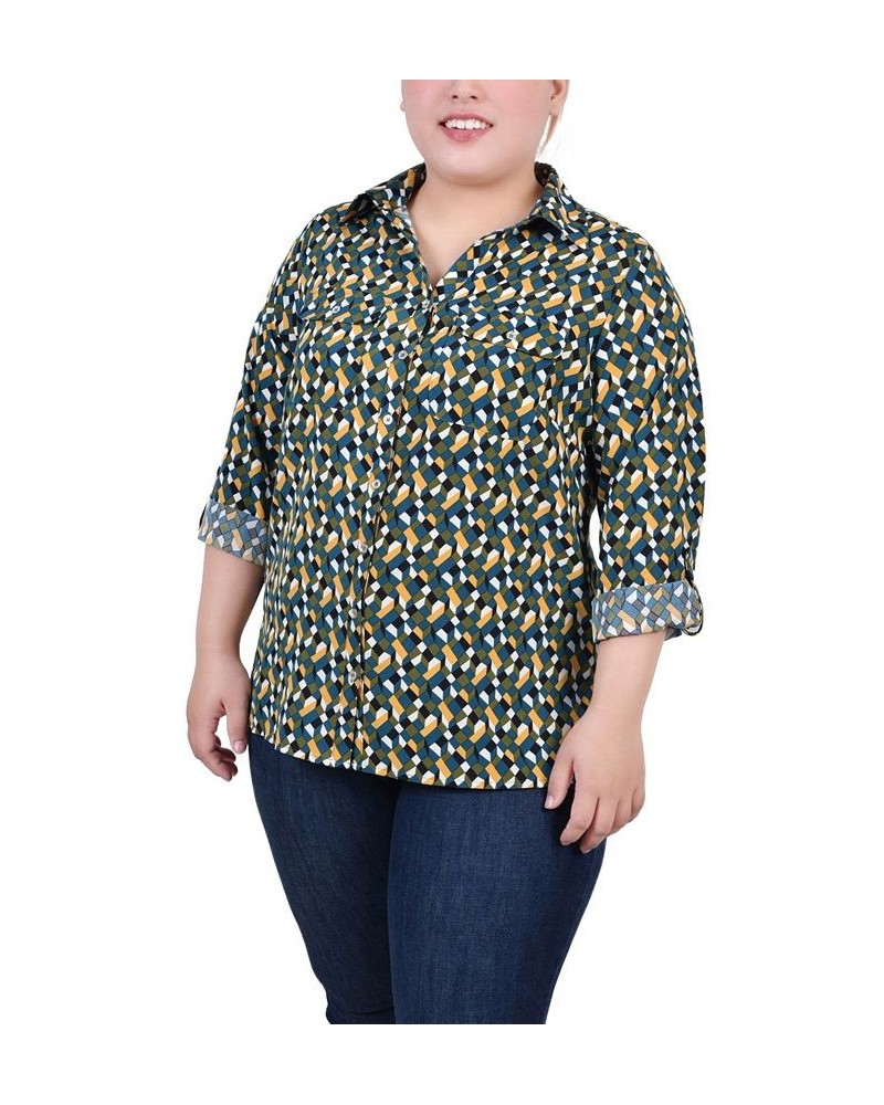 Plus Size 3/4 Sleeve Roll Tab Notch Collar Blouse Deep Teal Banana Cube $16.64 Tops