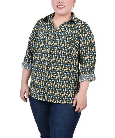 Plus Size 3/4 Sleeve Roll Tab Notch Collar Blouse Deep Teal Banana Cube $16.64 Tops