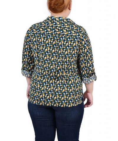 Plus Size 3/4 Sleeve Roll Tab Notch Collar Blouse Deep Teal Banana Cube $16.64 Tops