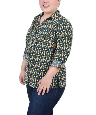 Plus Size 3/4 Sleeve Roll Tab Notch Collar Blouse Deep Teal Banana Cube $16.64 Tops