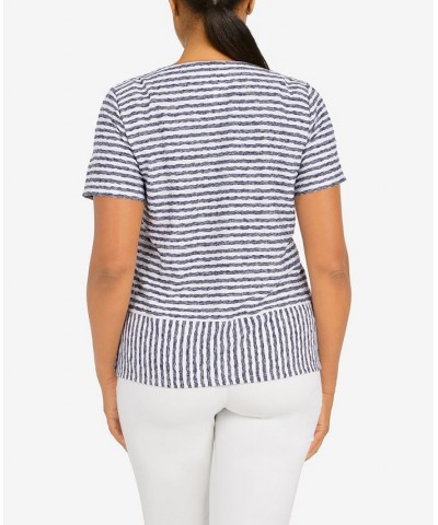 Petite Classics Stripe Texture Knit Top with Necklace Navy, White $29.03 Tops