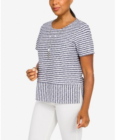 Petite Classics Stripe Texture Knit Top with Necklace Navy, White $29.03 Tops