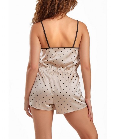 Women's Kaieen Dotted Satin Romper with Button Down Lace Overlay Beige $34.23 Sleepwear