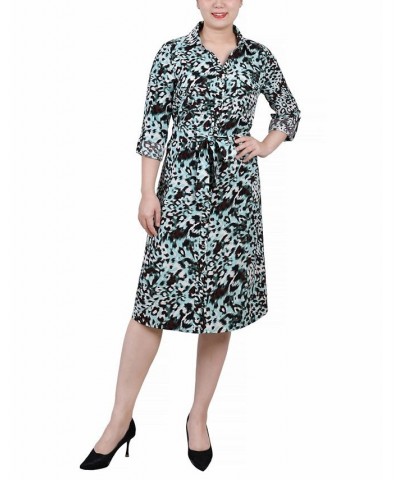 Petite Printed Long Sleeve Roll Tab Shirtdress Aqua Animal $20.72 Dresses