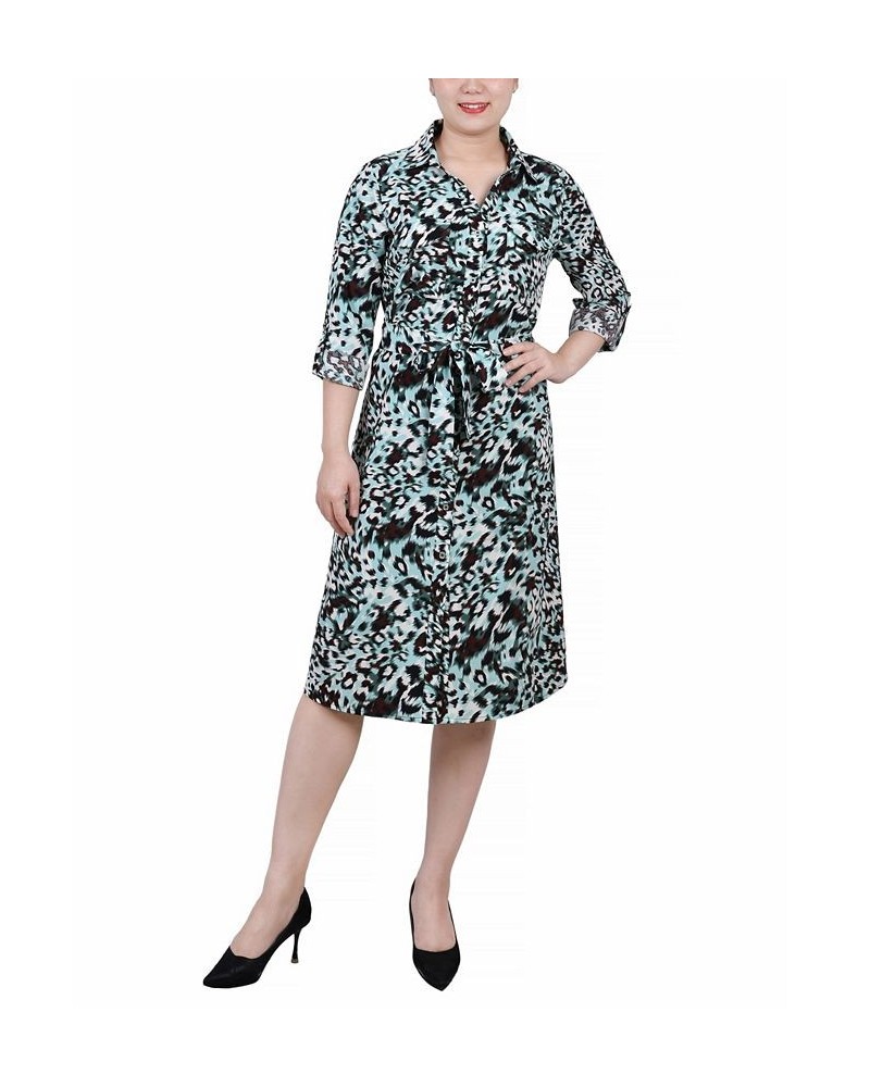 Petite Printed Long Sleeve Roll Tab Shirtdress Aqua Animal $20.72 Dresses