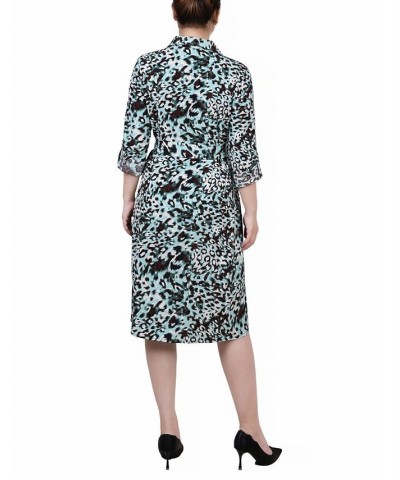 Petite Printed Long Sleeve Roll Tab Shirtdress Aqua Animal $20.72 Dresses