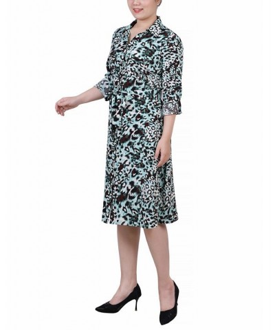 Petite Printed Long Sleeve Roll Tab Shirtdress Aqua Animal $20.72 Dresses